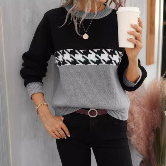 Contrast Color Pullover Round Neck Knitted Sweater apparels & accessories