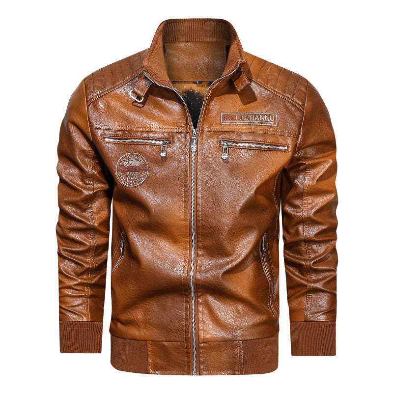 Stand-up Collar Leather Jacket With Pockets apparels & accessories