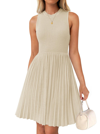 Pleated Round Neck Sleeveless Mini Tank Dress Dresses & Tops