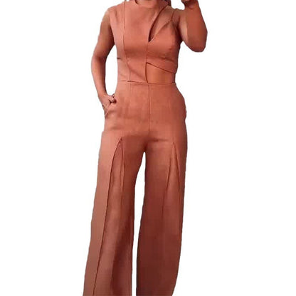 Fashion Round-neck High Waist Solid Color Hollow Out Wide Leg Jumpsuit apparel & accessories