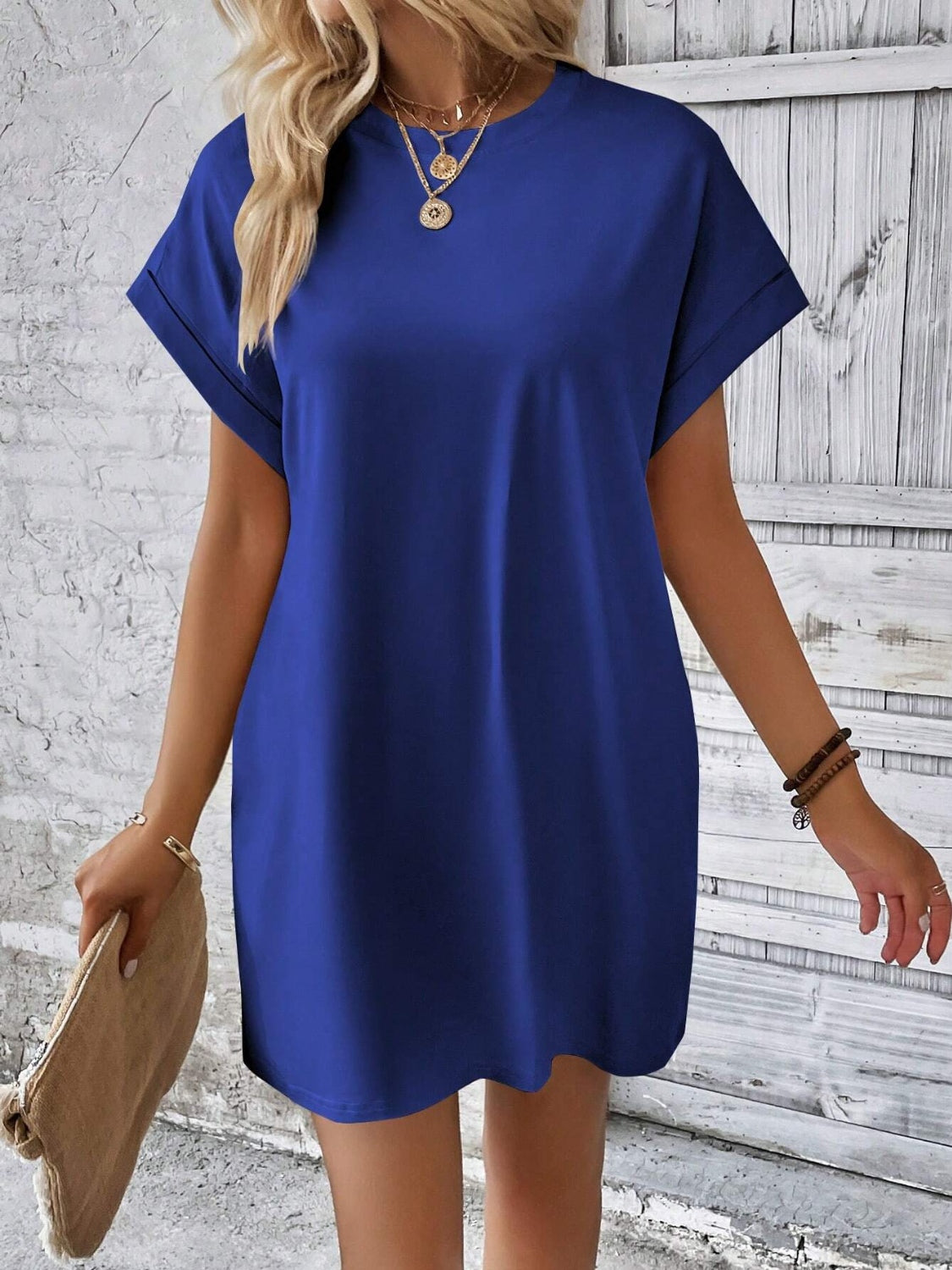 Round Neck Short Sleeve Mini Dress Dresses & Tops