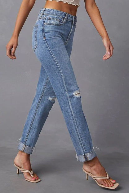 Distressed Raw Hem Straight Jeans with Pockets Bottom wear