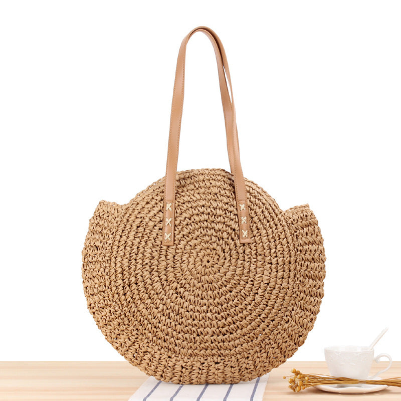 Simple Round Shoulder Bag Straw Handbag Summer Beach Bags apparel & accessories