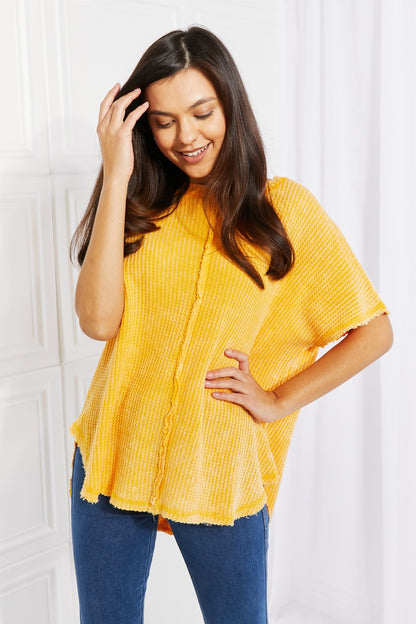 Zenana Start Small Washed Waffle Knit Top in Yellow Gold apparel & accessories