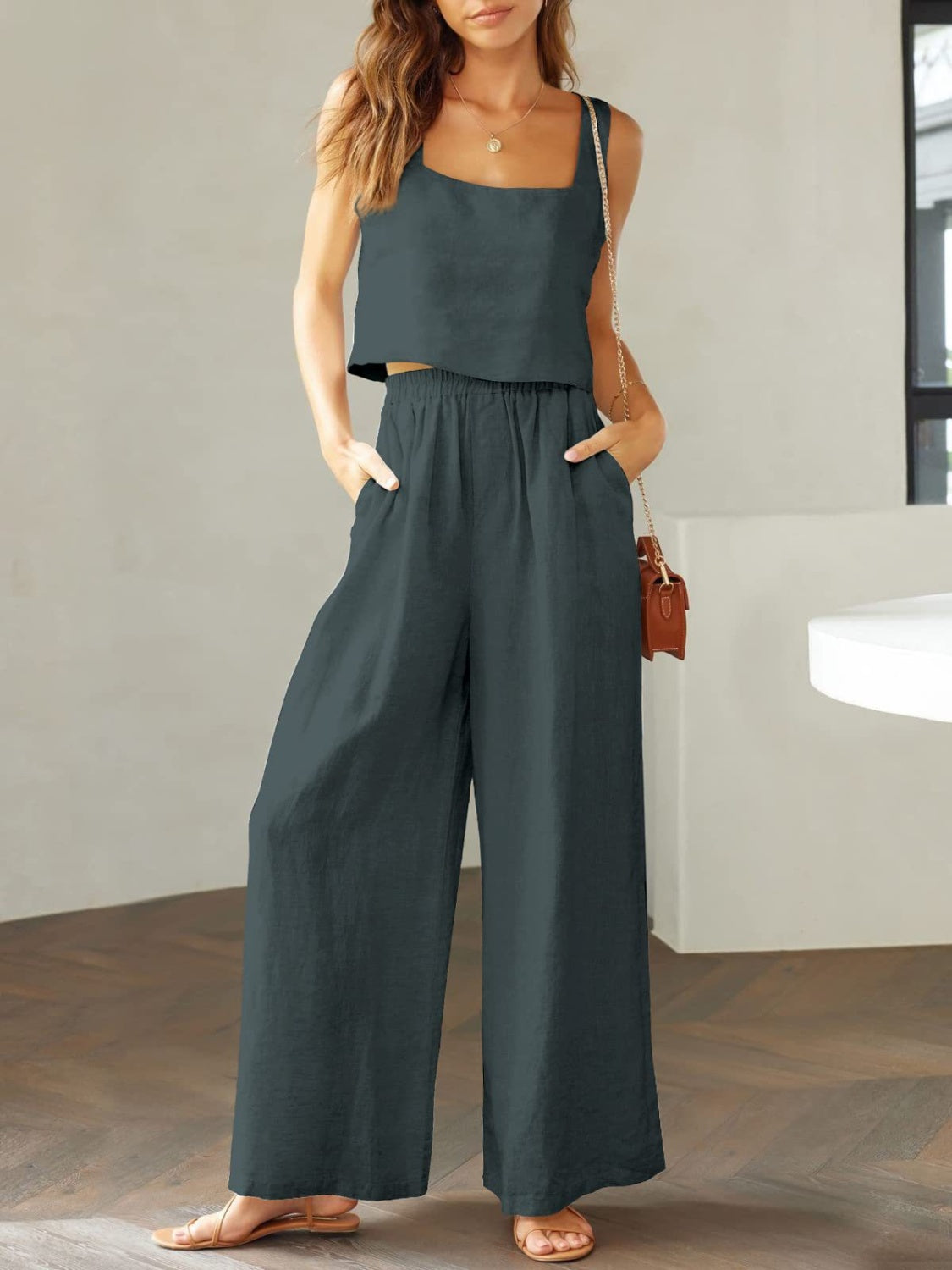 Square Neck Top and Wide Leg Pants Set apparel & accessories