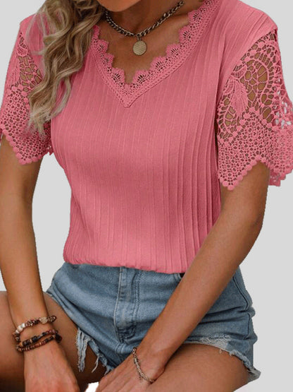 Lace Detail V-Neck Short Sleeve Blouse apparel & accessories