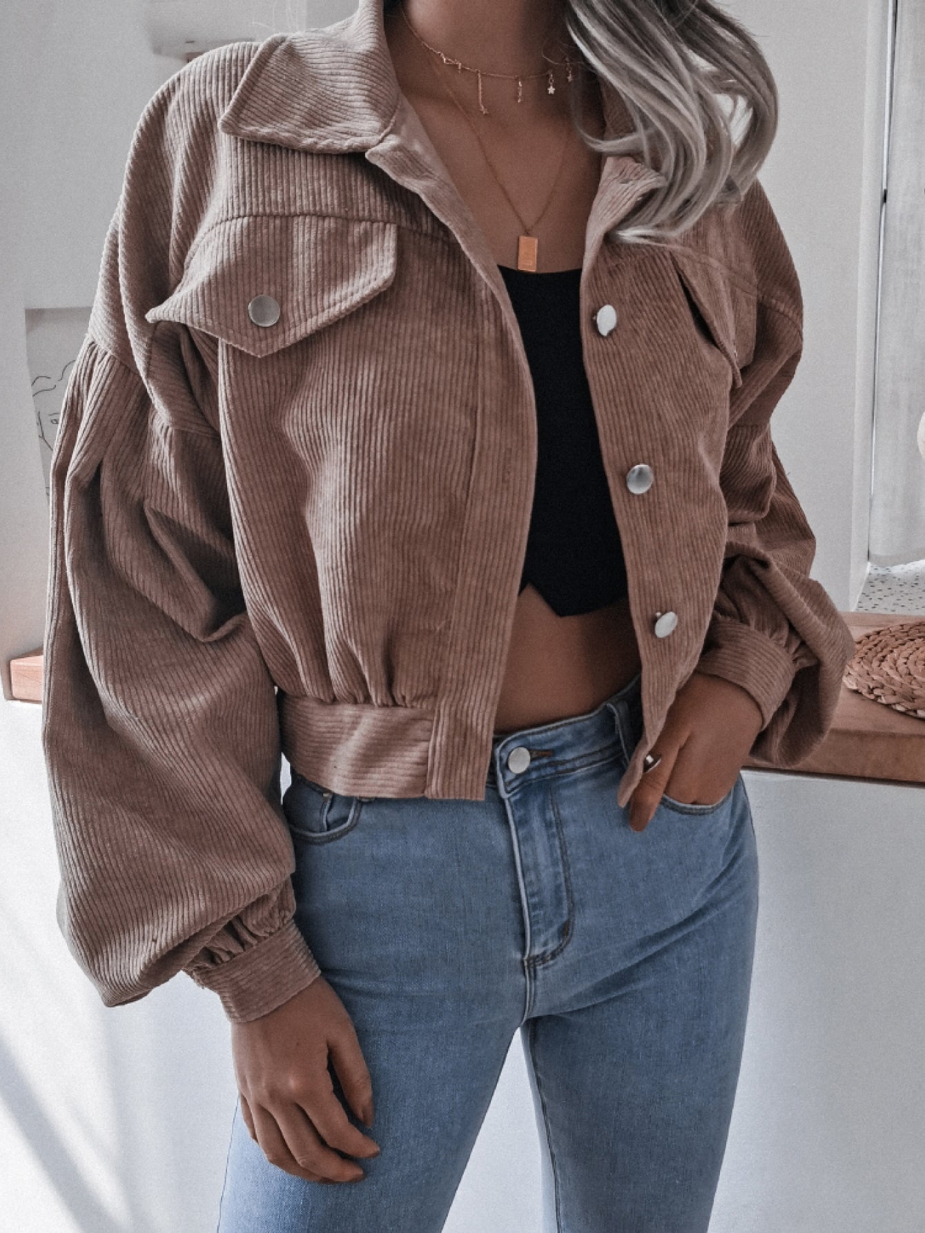 Lantern Sleeve Cropped Corduroy Jacket apparel & accessories