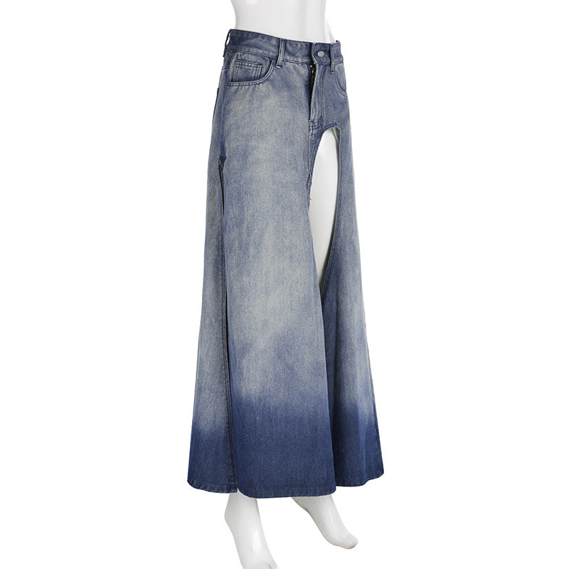 Irregular Slit A- Line Denim Skirt apparel & accessories