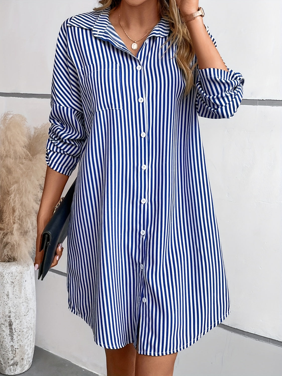 Striped Button Up Long Sleeve Mini Shirt Dress apparel & accessories