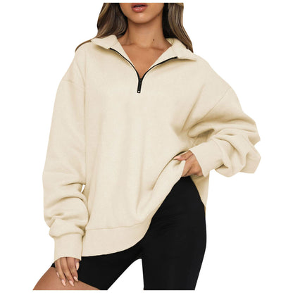 Women Sweatshirts Zip Turndown Collar Loose Casual Tops apparels & accessories