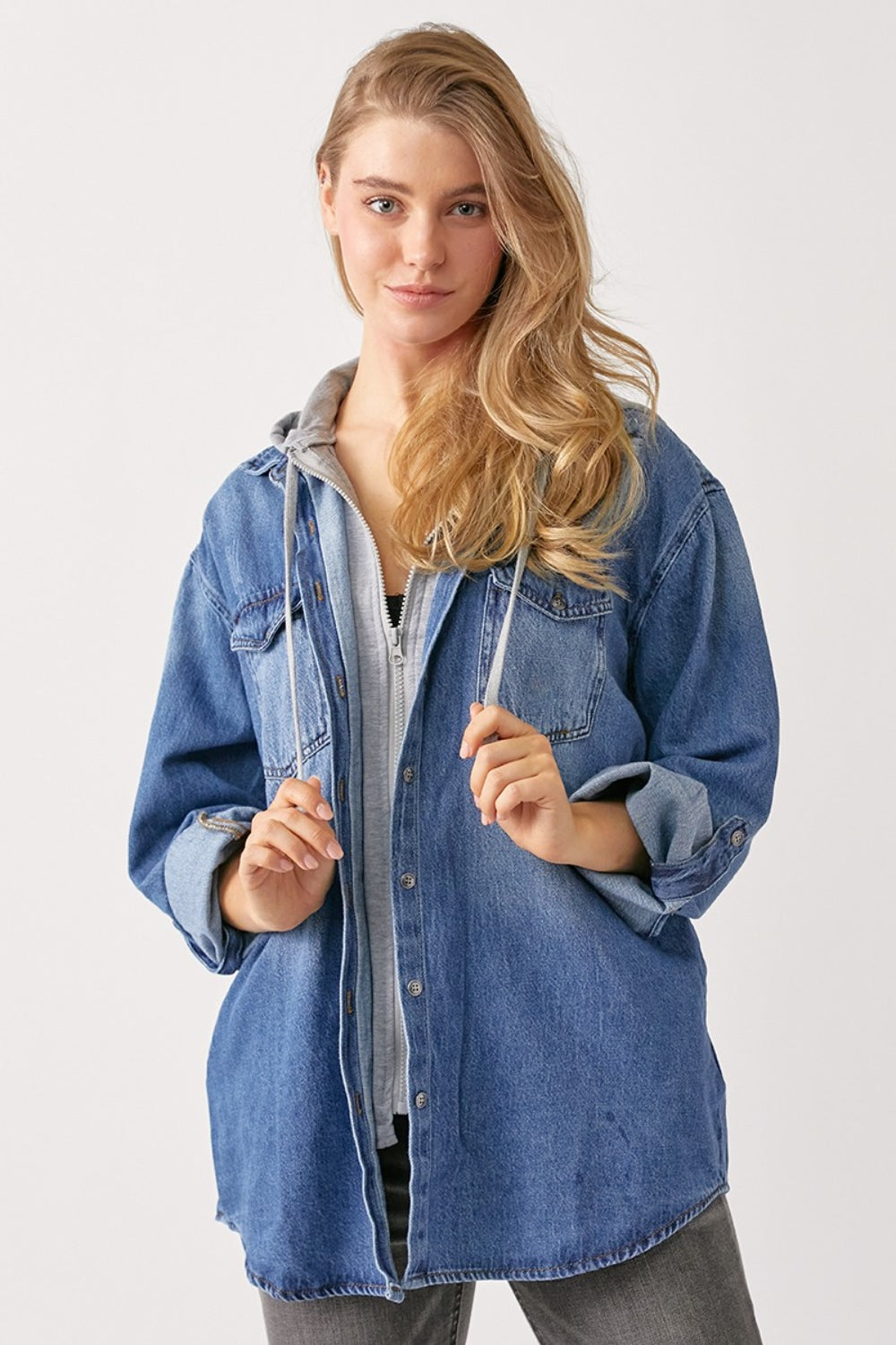 RISEN Zip Up Hooded Denim Shirt Dresses & Tops