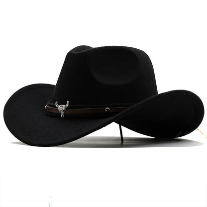 Metal Bull Head Label Western Denim Top Woolen Fedora Hat Hat