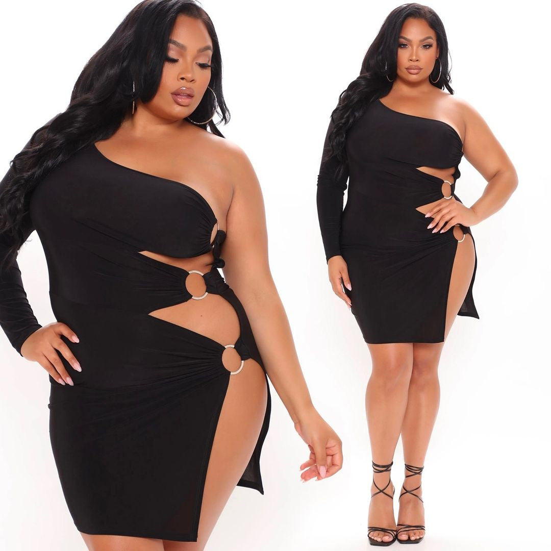 Europe, America Plus Size Women's Leaky Shoulder Steel Ring Dress Dresses & Tops