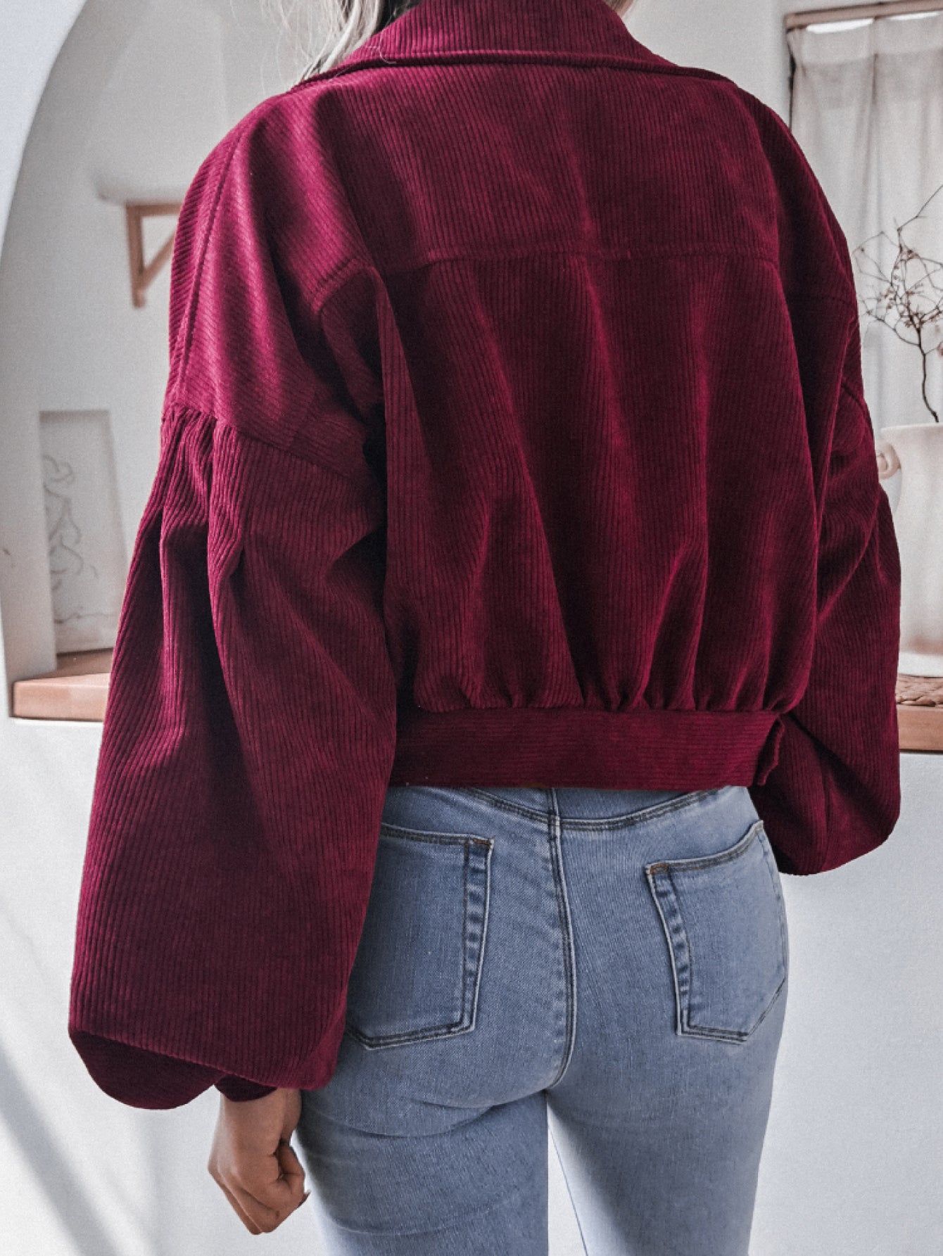 Lantern Sleeve Cropped Corduroy Jacket apparel & accessories