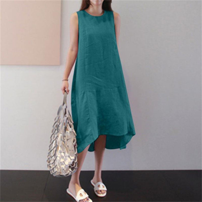 Round Neck Dress Sleeveless Plus Size Loose Solid Color Long Large Hem Vest Cotton Linen Dress apparel & accessories