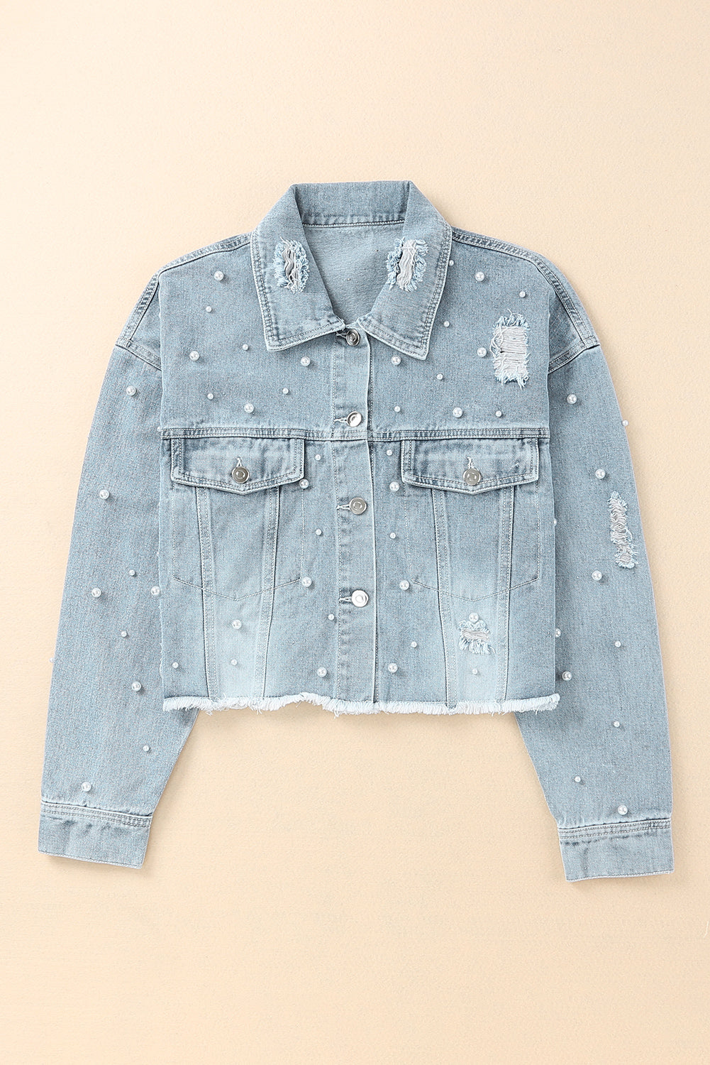 Distressed Pearl Trim Button Up Denim Jacket Dresses & Tops