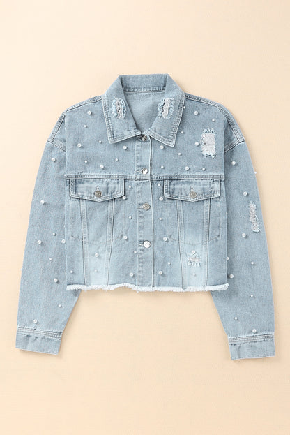 Distressed Pearl Trim Button Up Denim Jacket Dresses & Tops