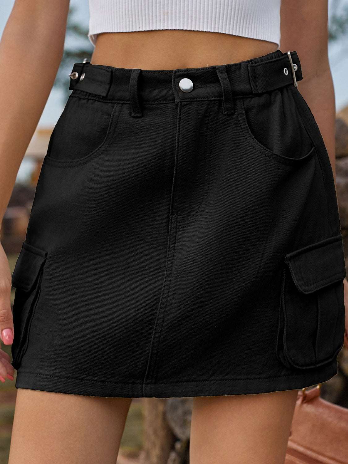 Adjustable Waist Denim Skirt with Pockets Bottom wear