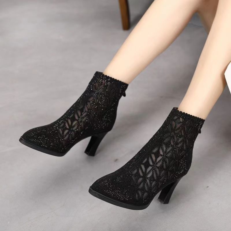 High Heel Mesh Boots Hollow-out Single Boots Pointed Toe Rhinestone Mesh Shoes & Bags