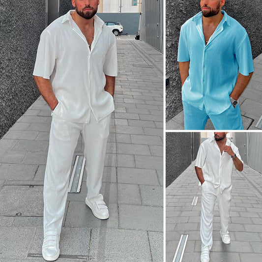 European And American Leisure Loose Beachwear Solid Color Striped Short Sleeve Suit Southeast Asian Men's Shirt Two-piece Set apparel & accessories