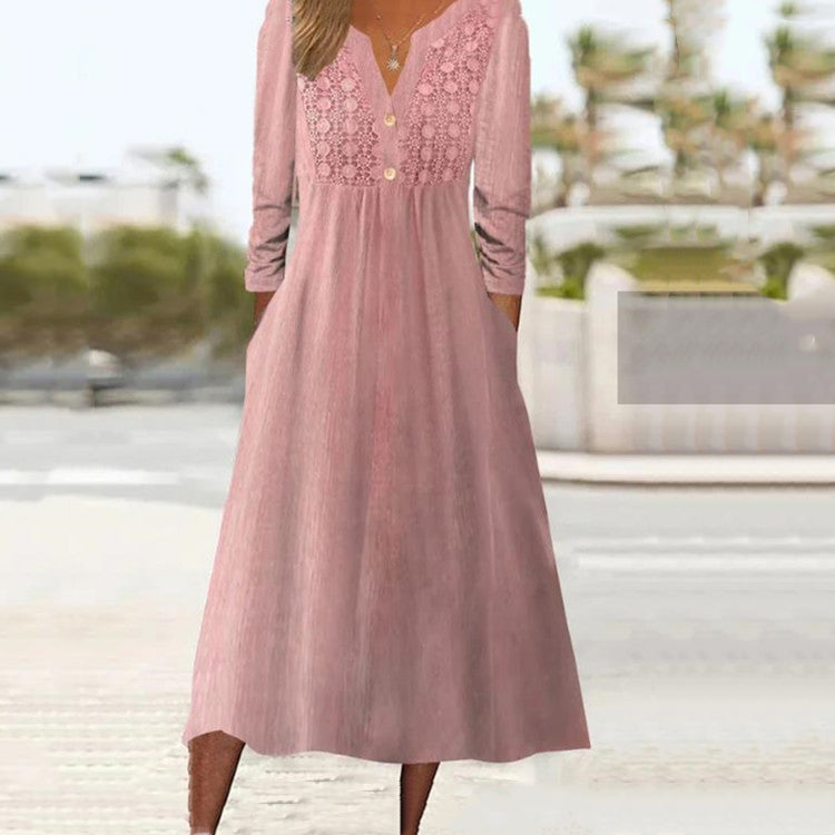 Women's Solid Color Loose Lace V-neck Casual Long Sleeve Mid-length Dress apparel & accessories