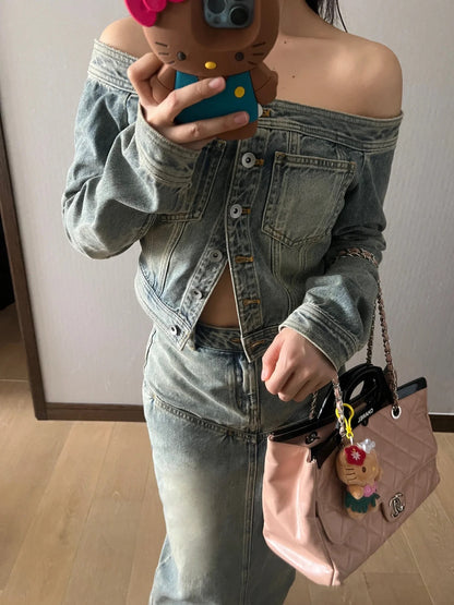 Off-shoulder Denim Long-sleeved Tops Slim-fit Short Version apparel & accessories