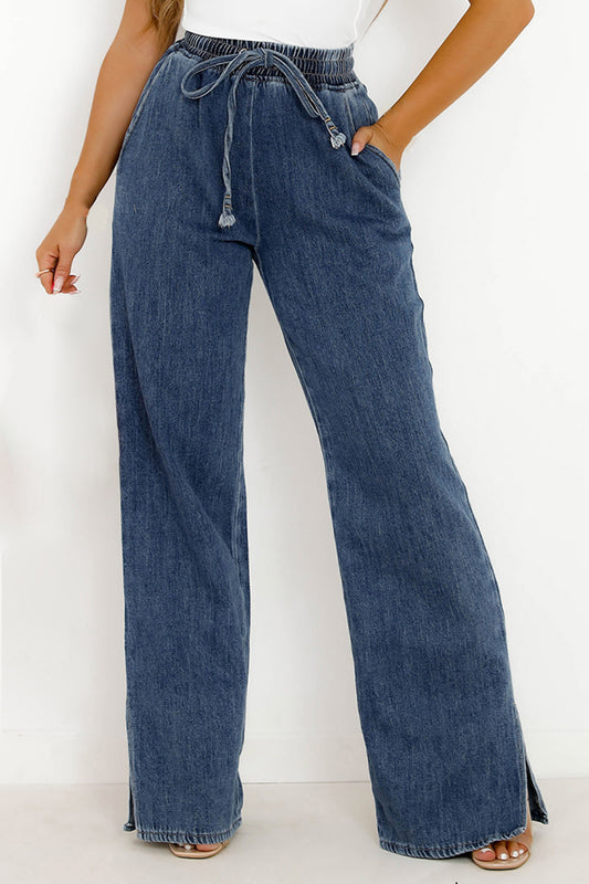 Slit Wide Leg Jeans with Pockets apparel & accessories