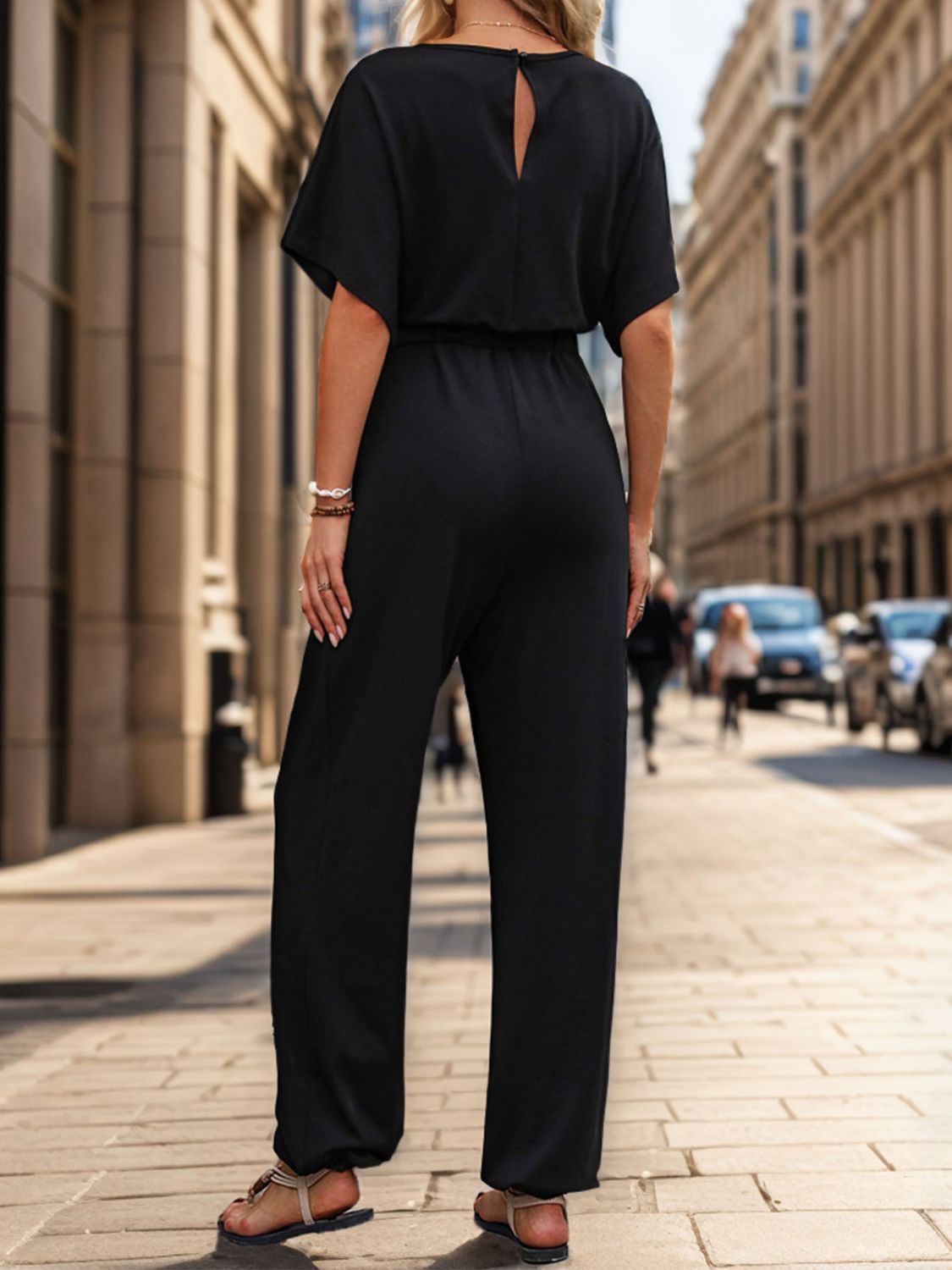 Notched Half Sleeve Straight Jumpsuit Bottom wear