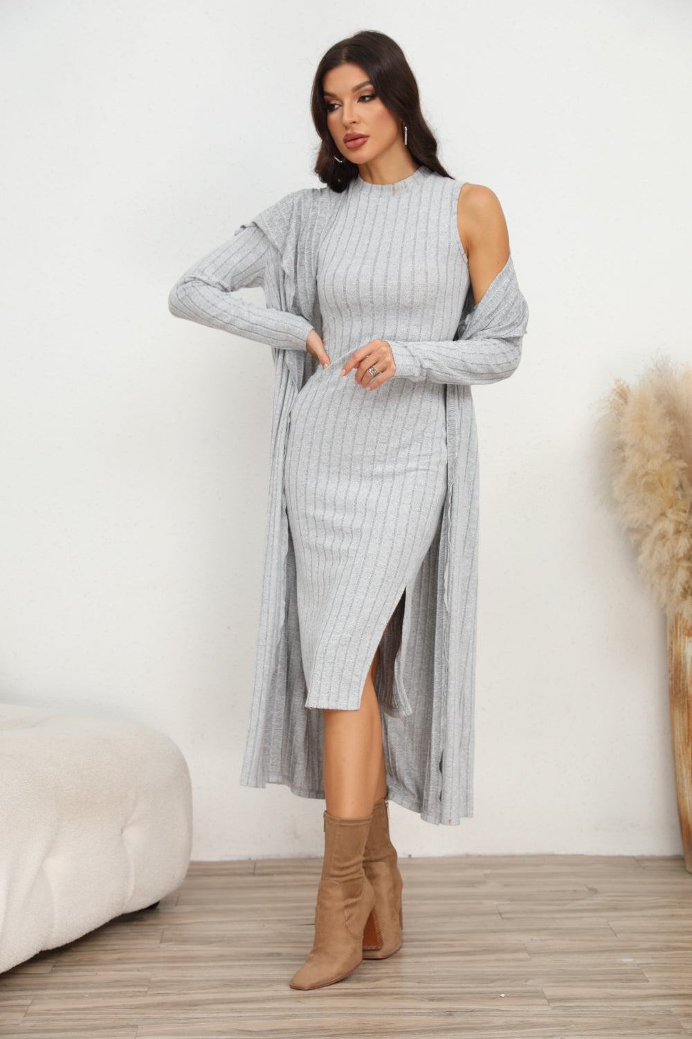 Slit Dress and Longline Cardigan Set Dresses & Tops