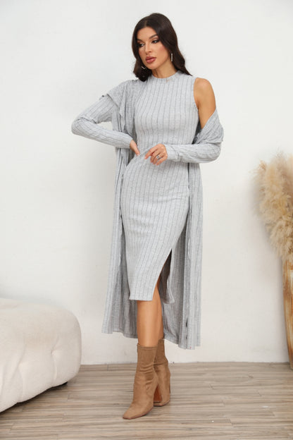 Slit Dress and Longline Cardigan Set Dresses & Tops