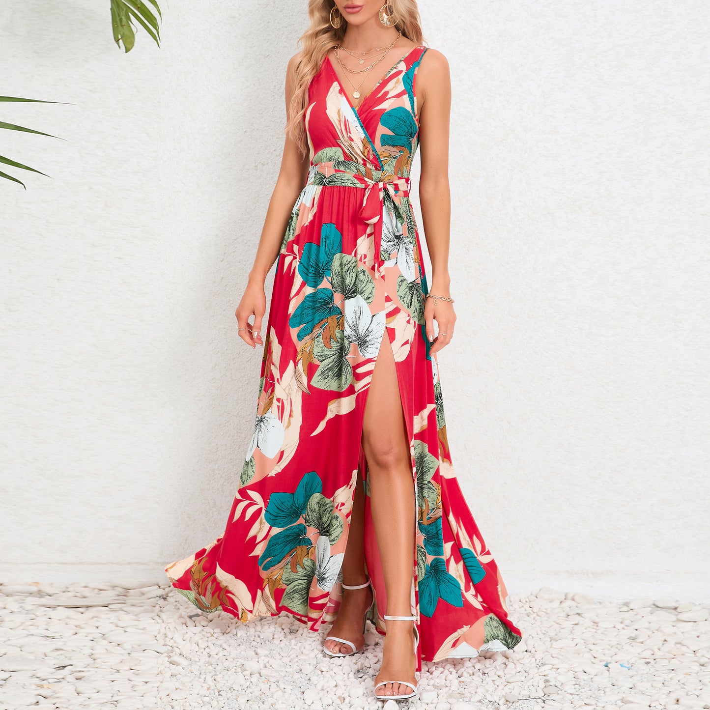 V-neck Floral Print Long Dress Summer Fashion Waist Tie Slit Design Sleeveless Dress For Womens Clothing apparel & accessories