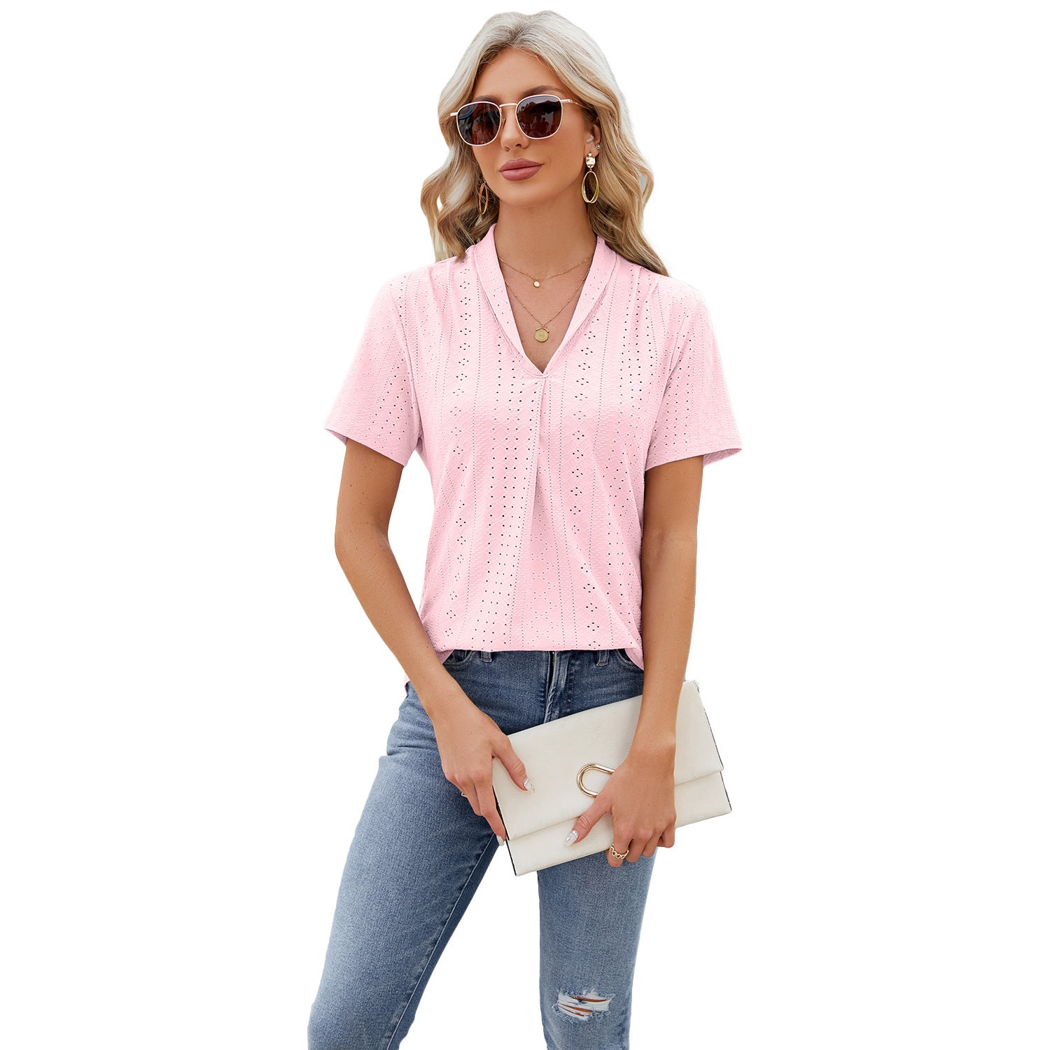 V-neck Hollow Design T-shirt Summer Loose Short-sleeved Top For Womens Clothing apparel & accessories