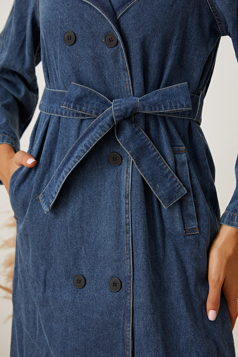 Double-Breasted Belted Longline Denim Jacket Dresses & Tops