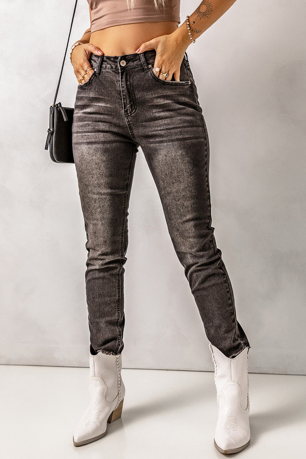 High Waist Raw Hem Skinny Jeans apparel & accessories