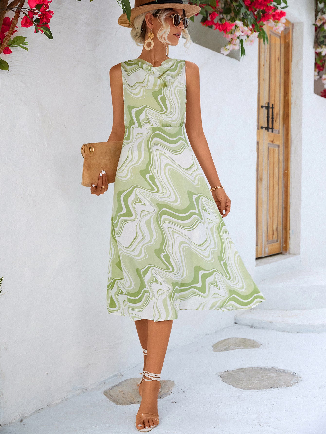 Printed Cowl Neck Sleeveless Dress apparel & accessories