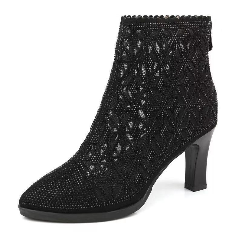 High Heel Mesh Boots Hollow-out Single Boots Pointed Toe Rhinestone Mesh Shoes & Bags