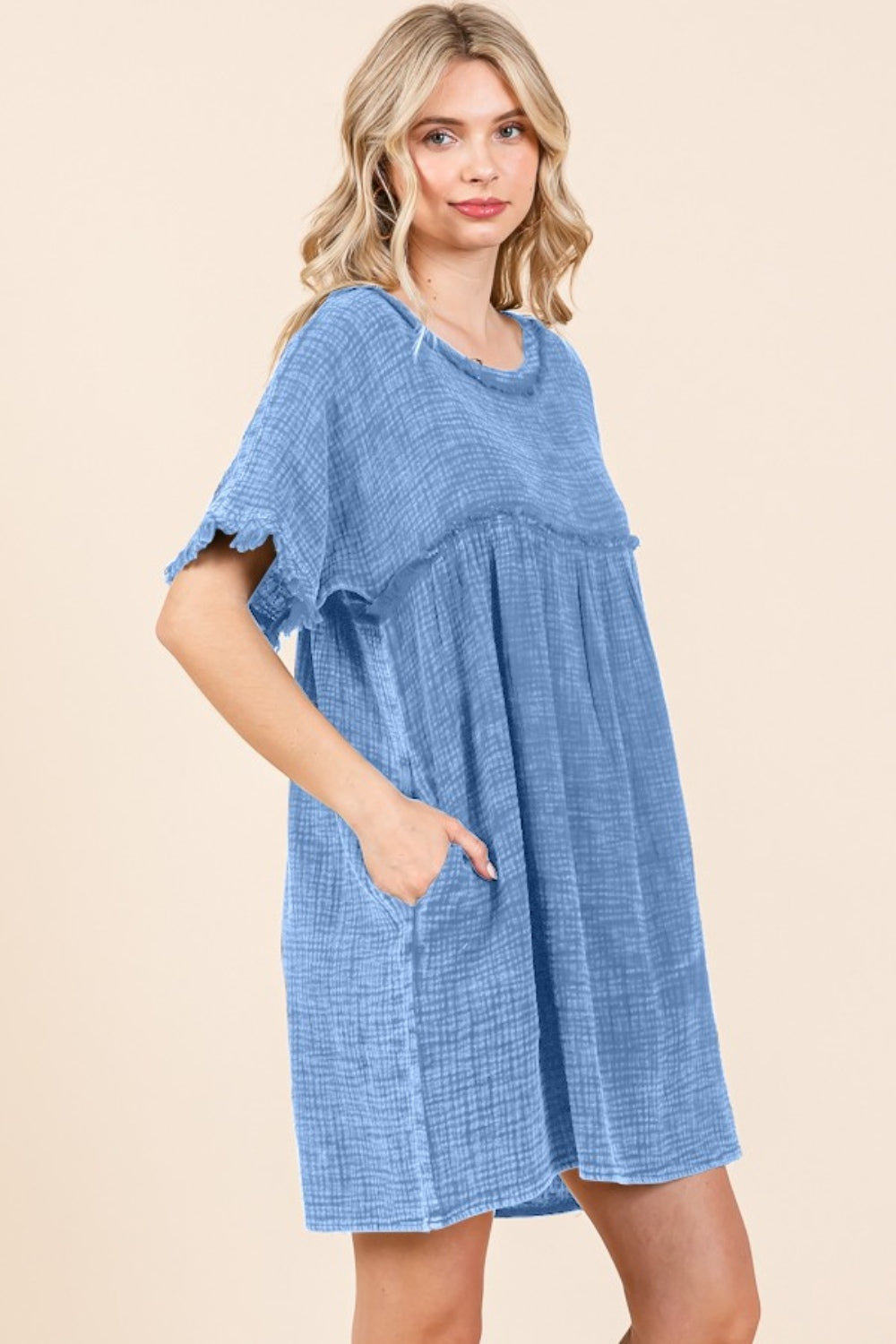 Culture Code Full Size Short Sleeve Babydoll Texture Dress with Pockets Dresses & Tops