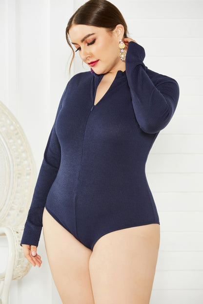 Plus Size Zip Up Long Sleeve Bodysuit Dresses & Tops