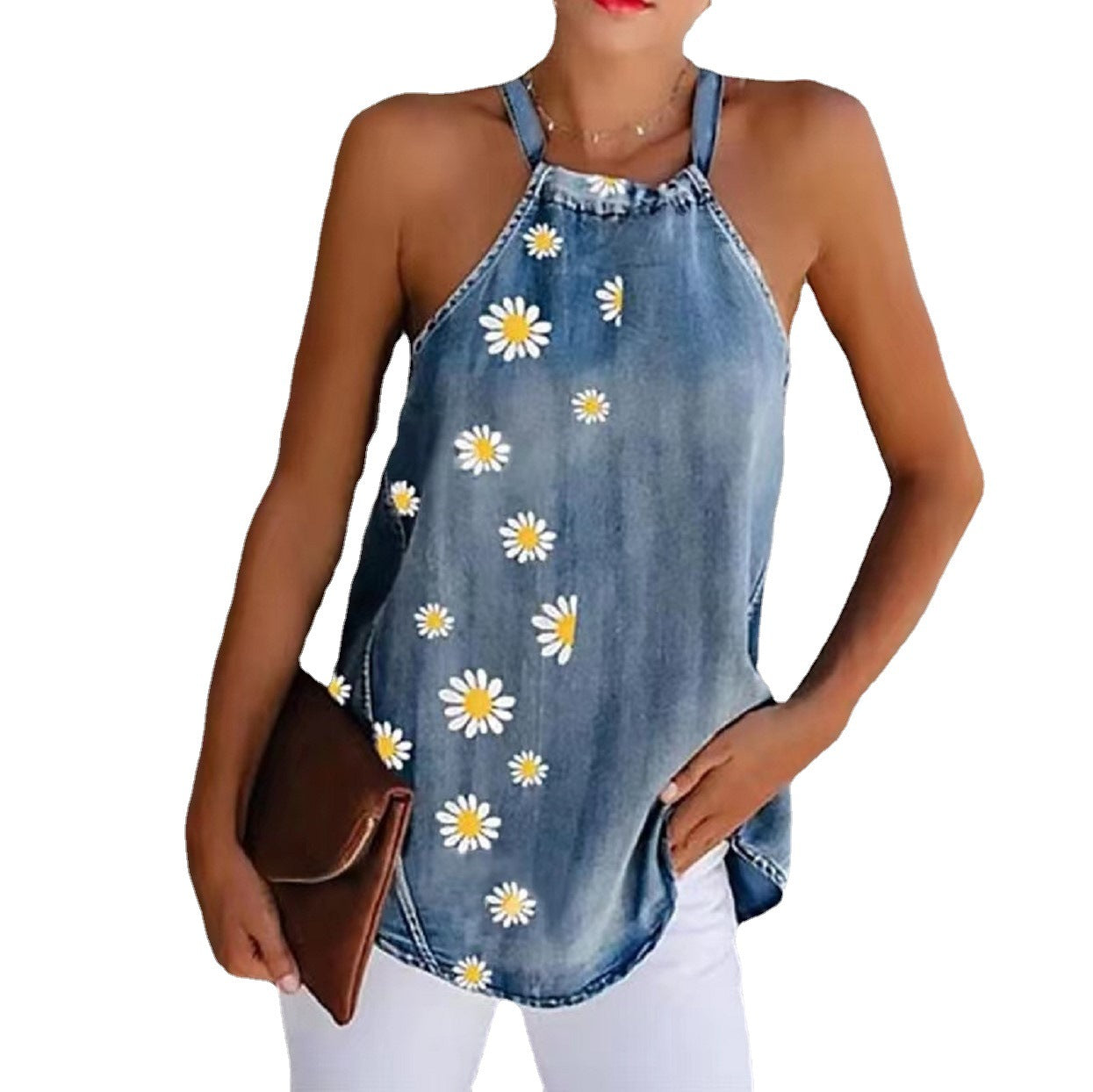 Women's Denim Chrysanthemum Print Bandage Sleeveless Sling apparel & accessories