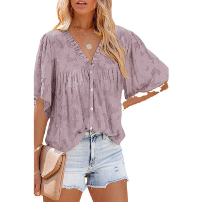 V-neck Cardigan Five-point Mid-sleeve Chiffon Shirt Print Top apparels & accessories