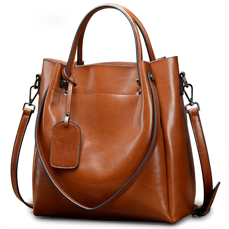 Women's Fashion Simple Portable Oil Wax Cattle Leather Bag apparel & accessories