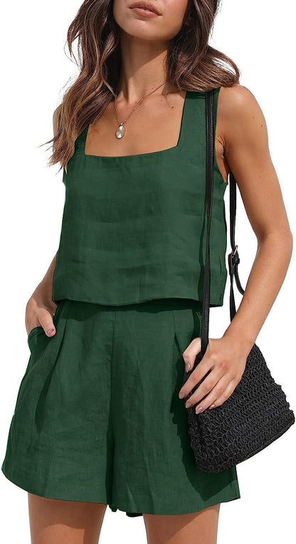 Casual Cotton Linen Sleeveless Square Collar Top Two-piece Shorts Suit apparels & accessories