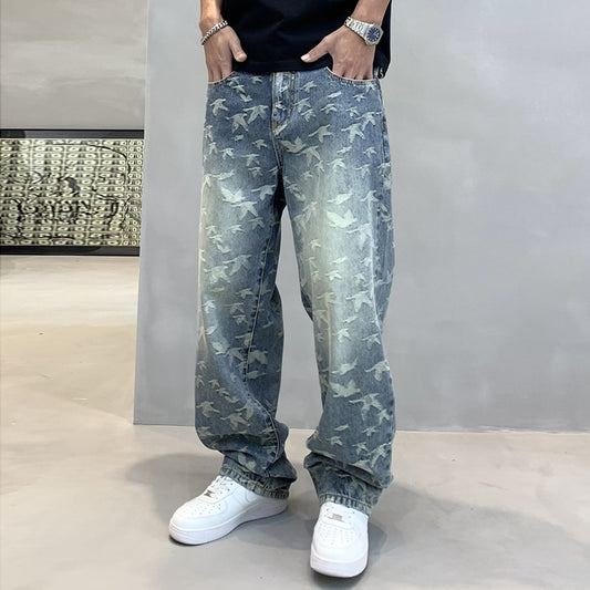 Men's Personalized Bird Jacquard Embroidery Denim Straight-leg Pants apparel & accessories