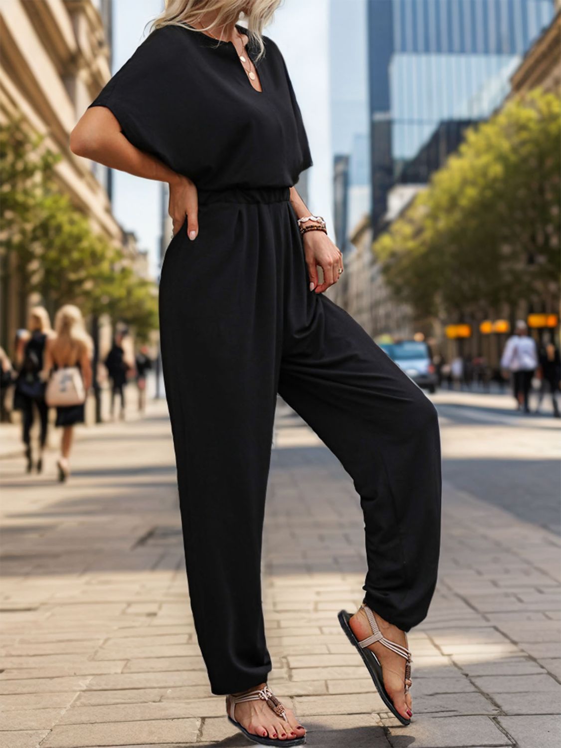 Notched Half Sleeve Straight Jumpsuit Bottom wear