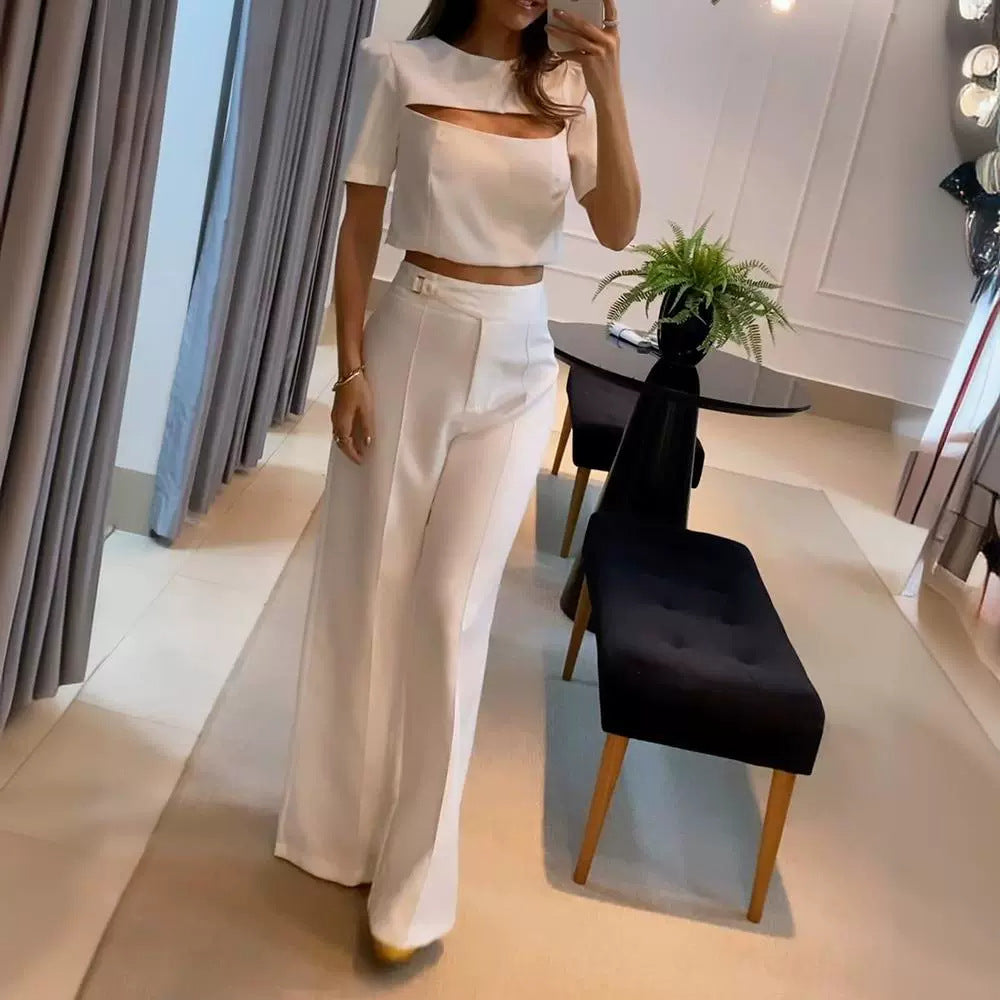 Women's White Short Sleeve Chest Hollow Out Top Suit apparel & accessories