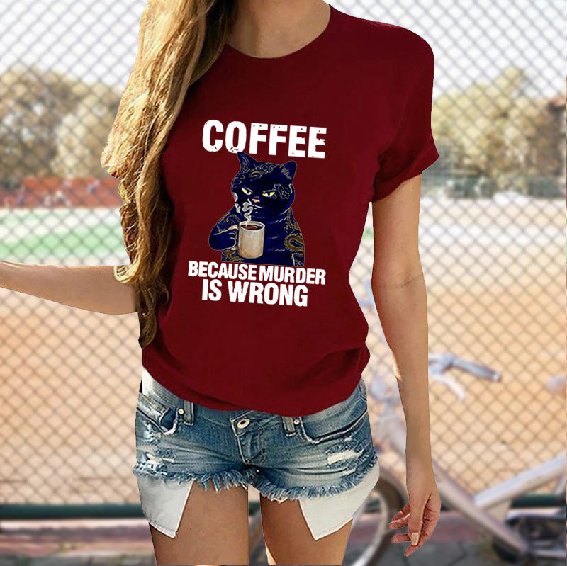 Cat Cute Print T-shirt Round Neck Short Sleeve Top apparel & accessories