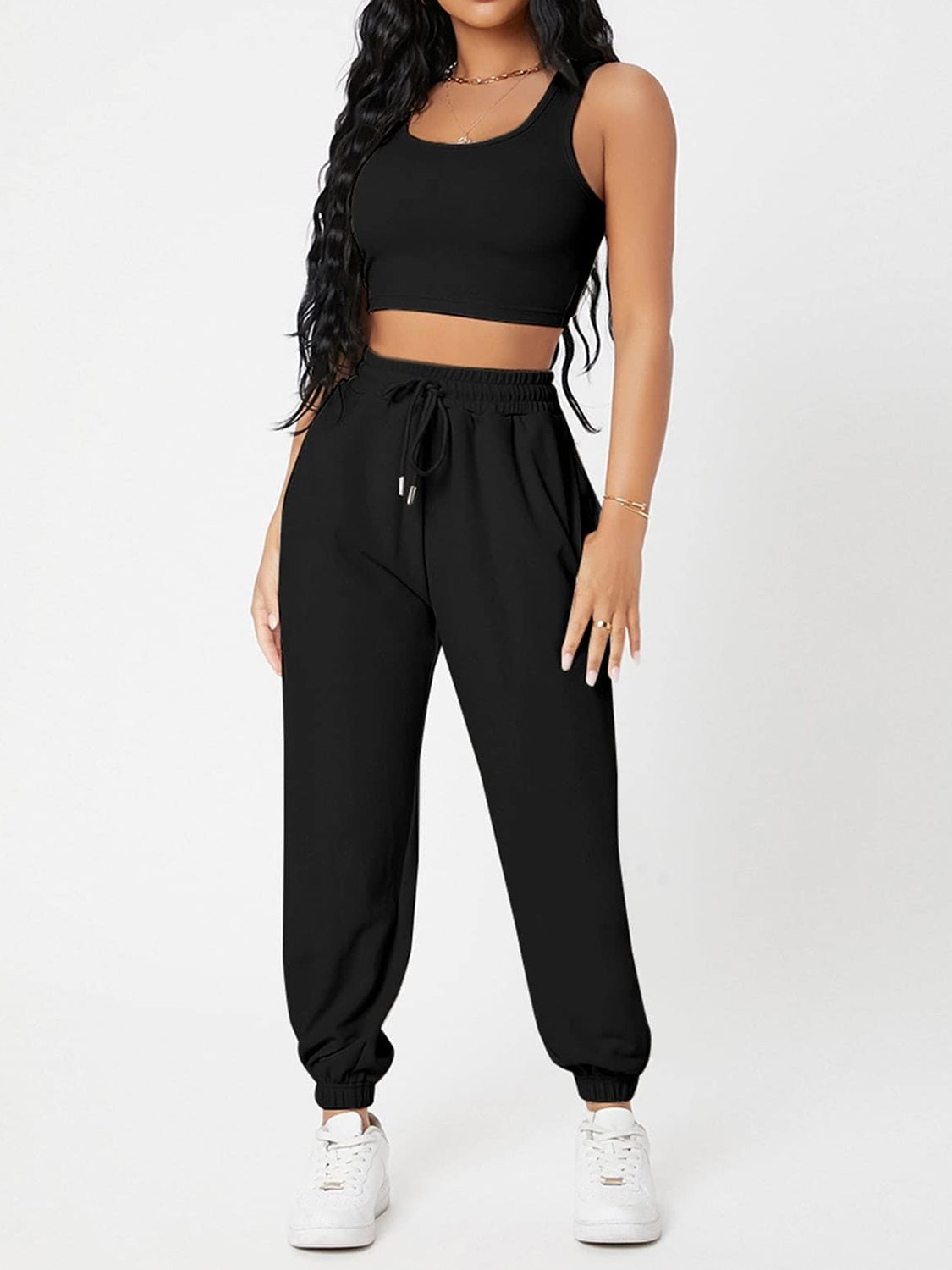 Wide Strap Top and Drawstring Joggers Set Bottom wear