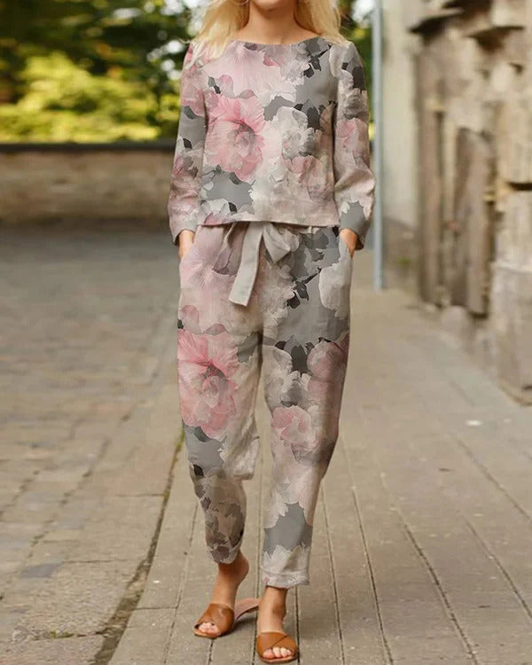 Women's Printed Casual Round Neck Trousers Long-sleeve Suit apparel & accessories