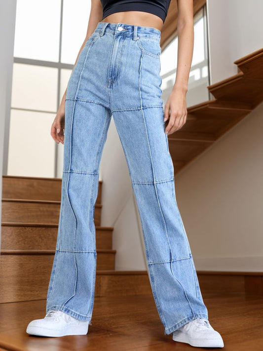 High Waist Straight Jeans with Pockets Bottom wear