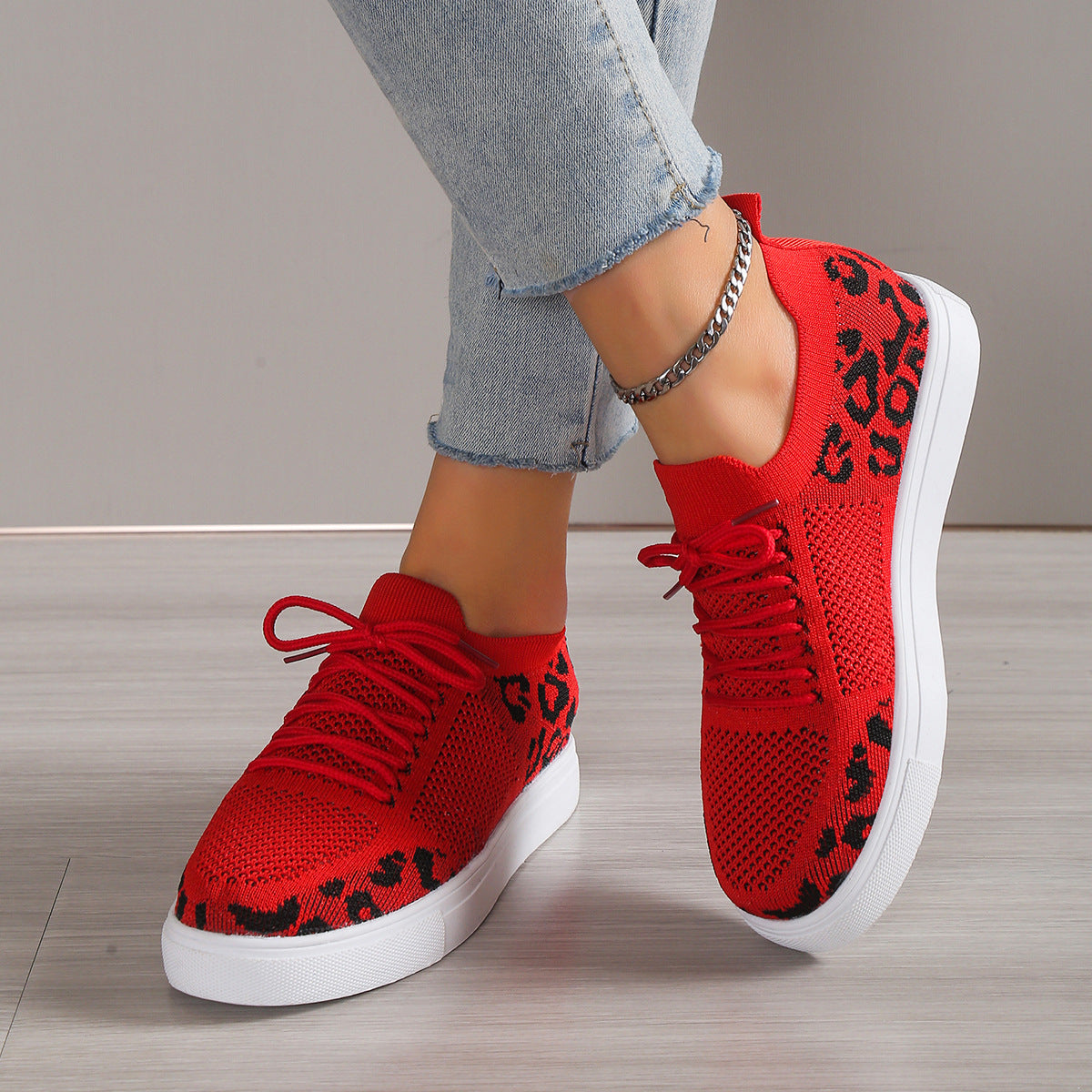 Lace-Up Leopard Flat Sneakers Shoes & Bags